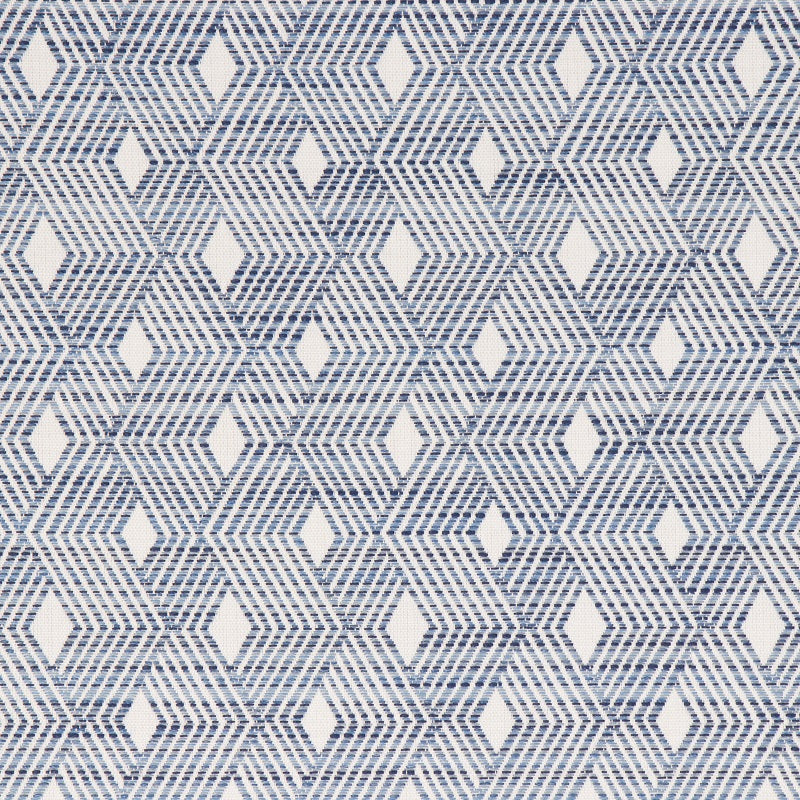 A textured fabric with a geometric pattern featuring diamonds in a blue and white color palette.