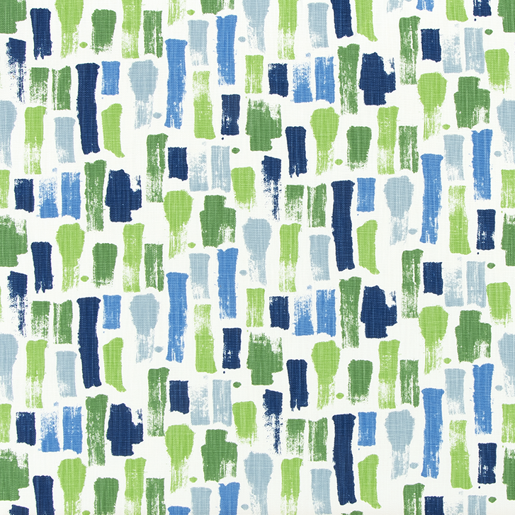 Patterned fabric with blue and green abstract shapes on a white background
