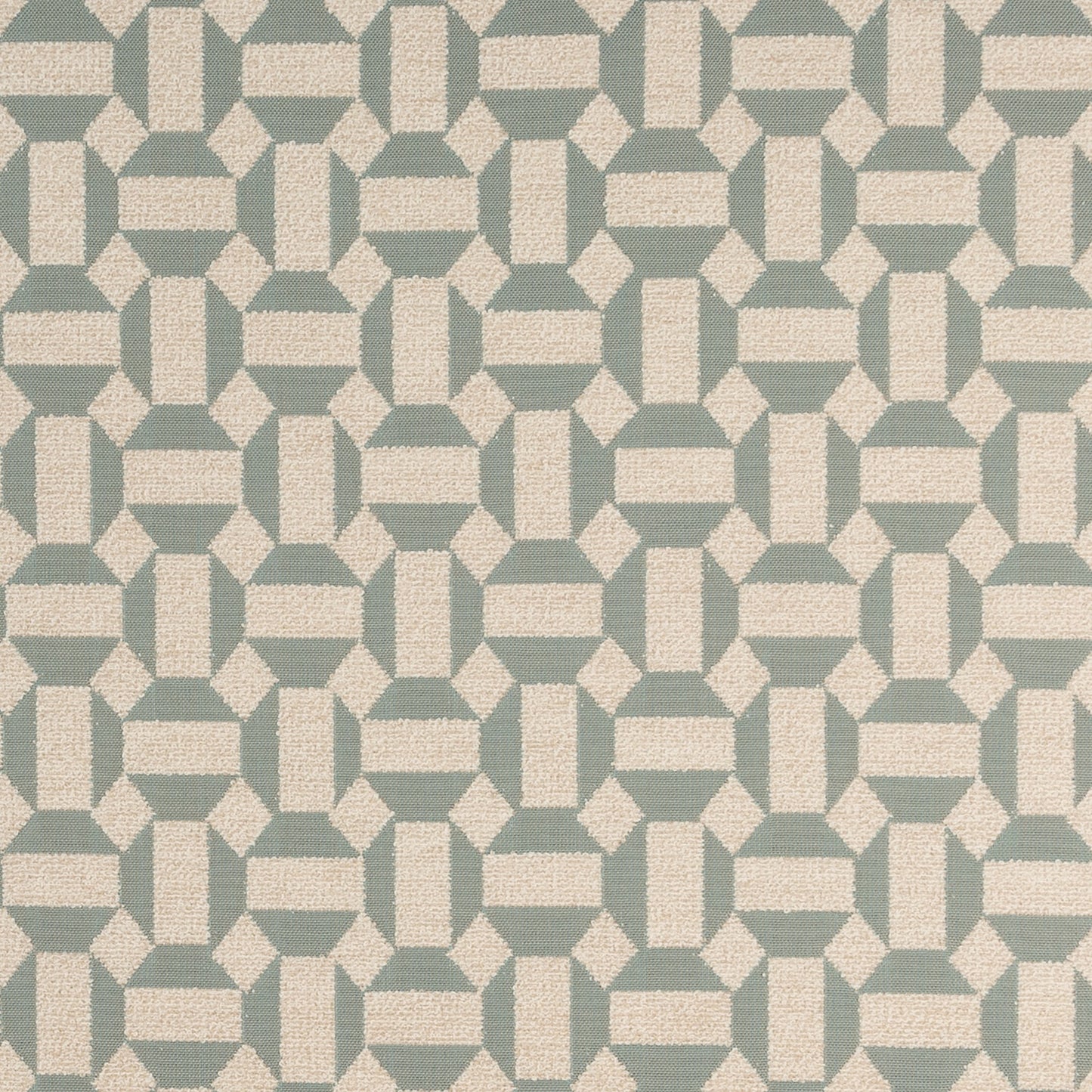 Geometric patterned fabric swatch in green and beige
