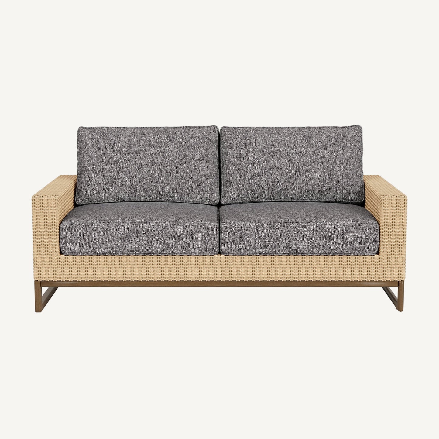 Two-seater sofa with gray cushions and beige frame on a white background