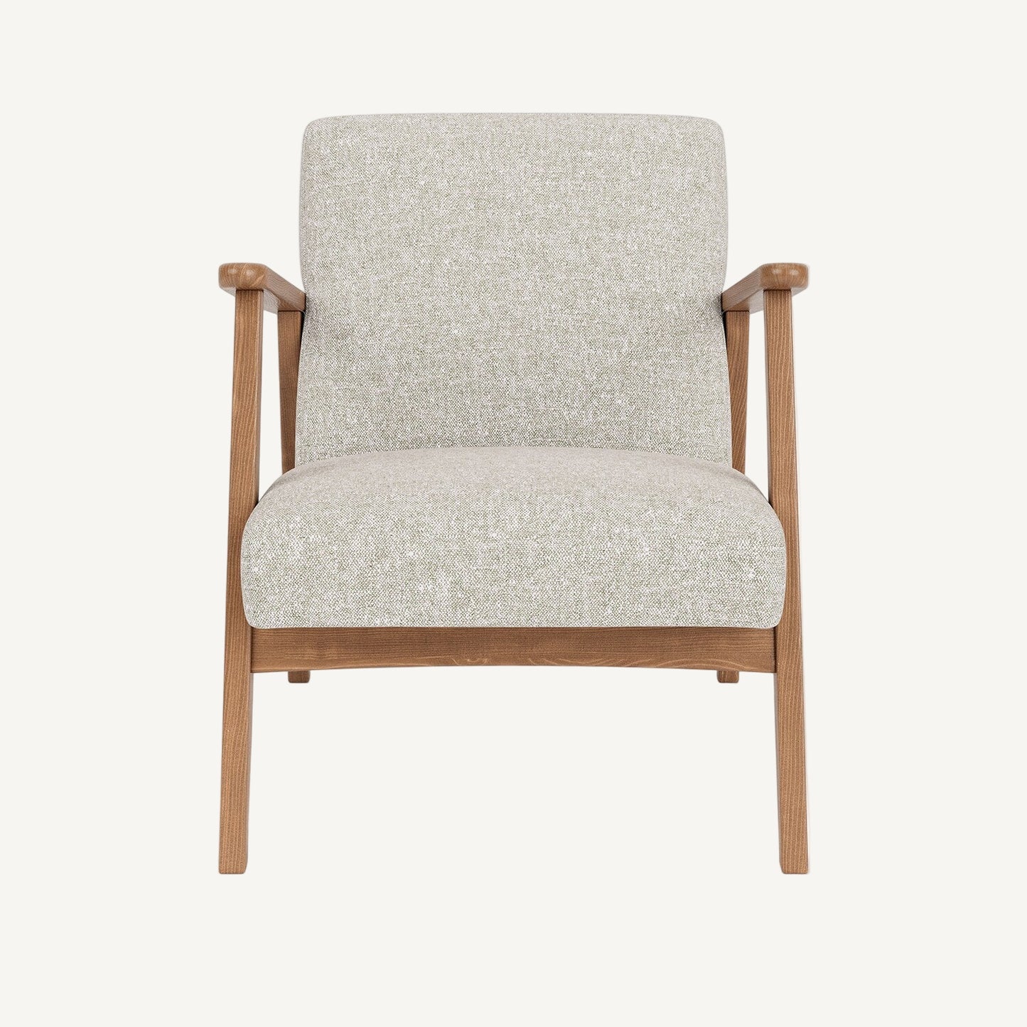 Chair with light gray fabric seat and backrest on a white background