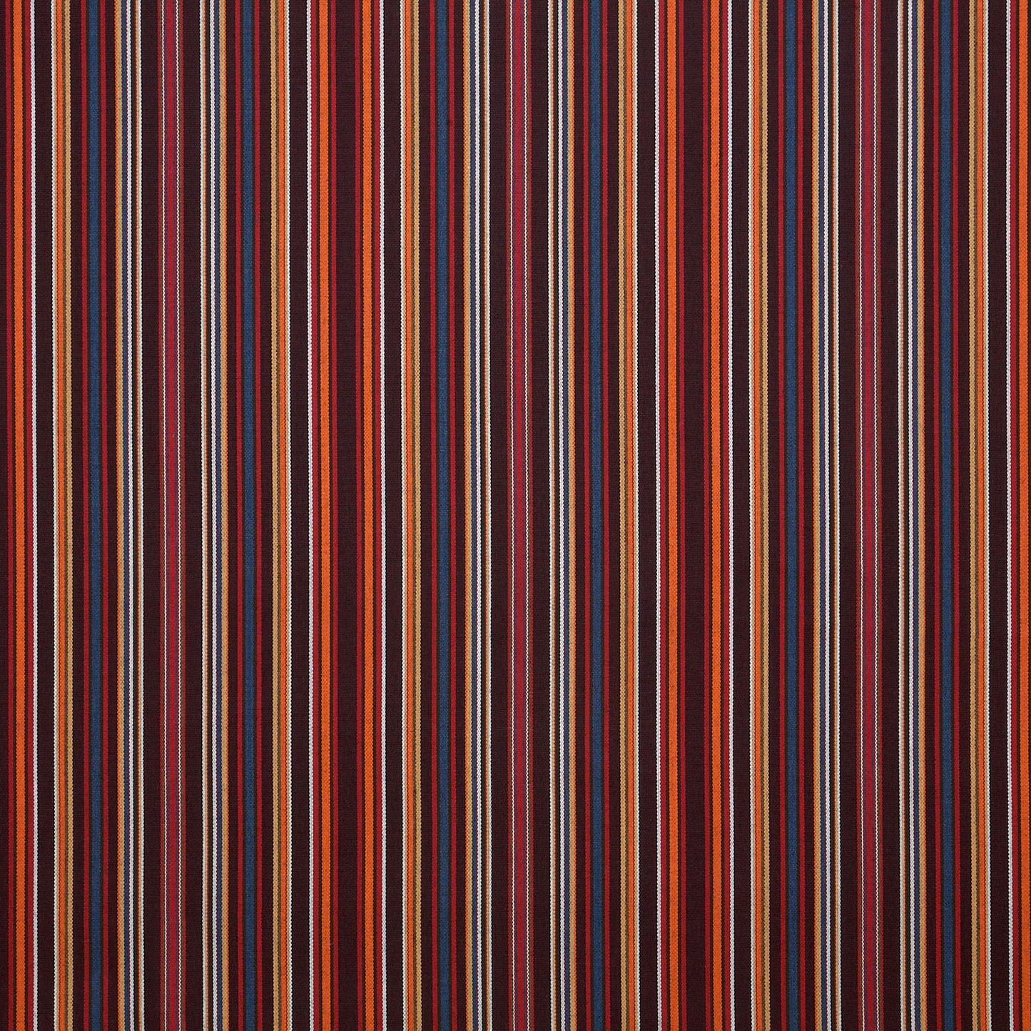Patterned fabric with vertical stripes in red, orange, and brown.