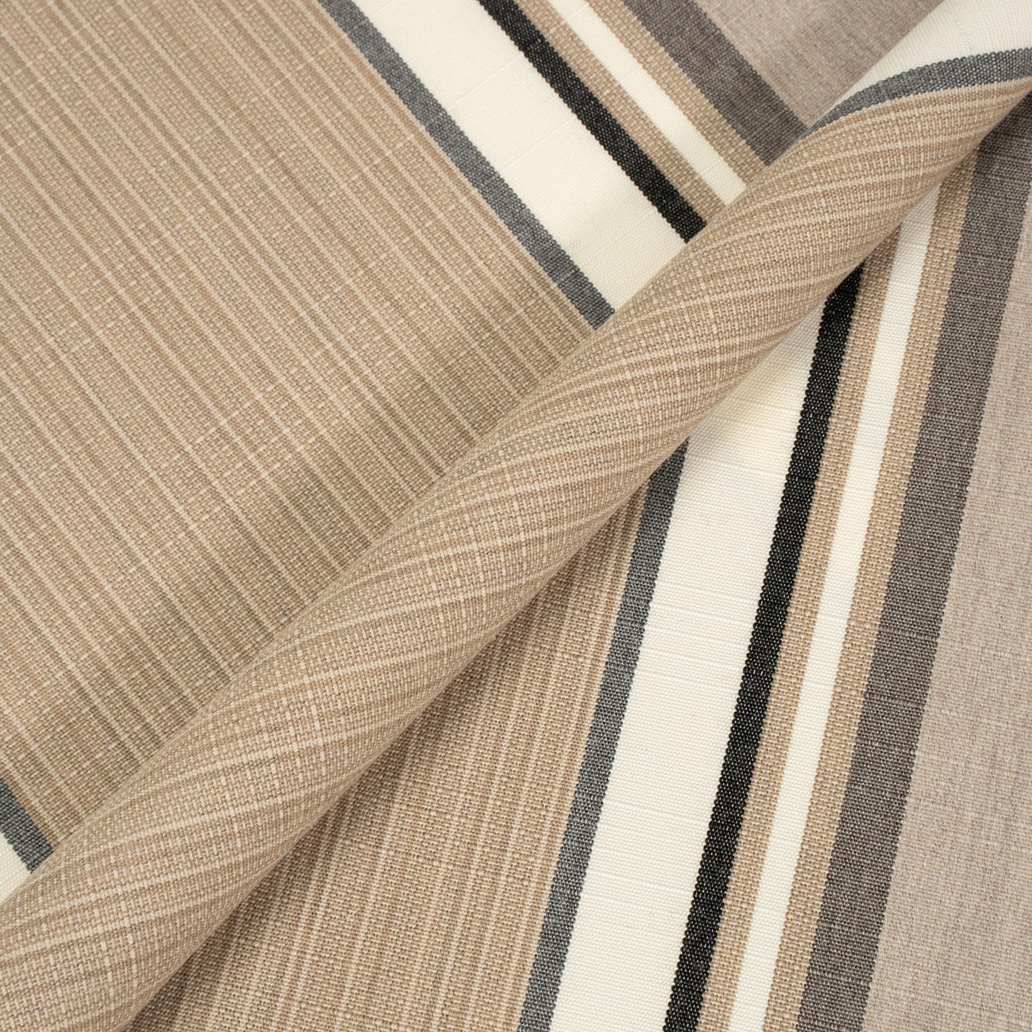 Close-up of striped fabric with brown, beige, and black colors.