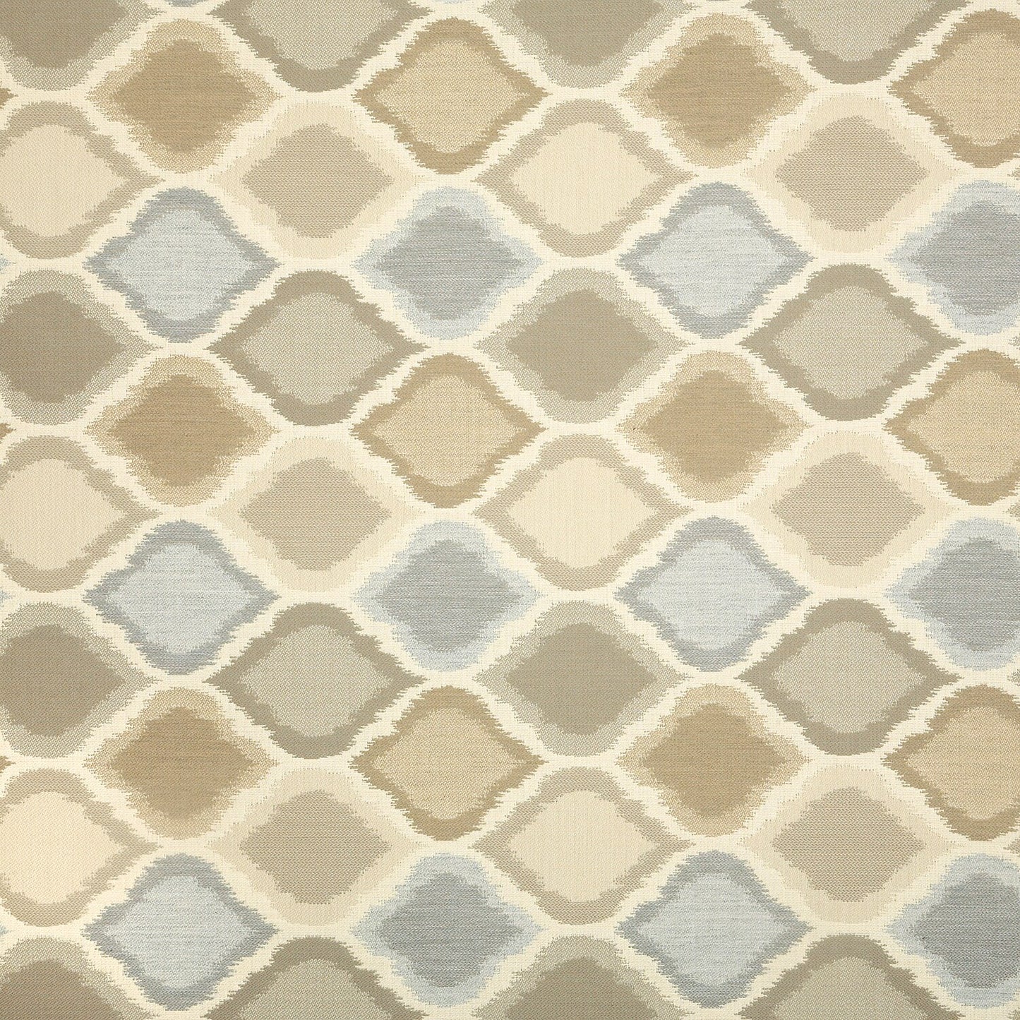 Patterned fabric with geometric design in beige, brown, and blue tones.