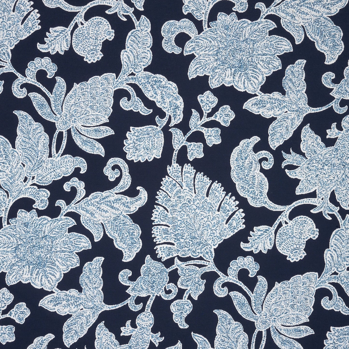 Decorative floral pattern with light blue flowers and leaves on a dark blue background