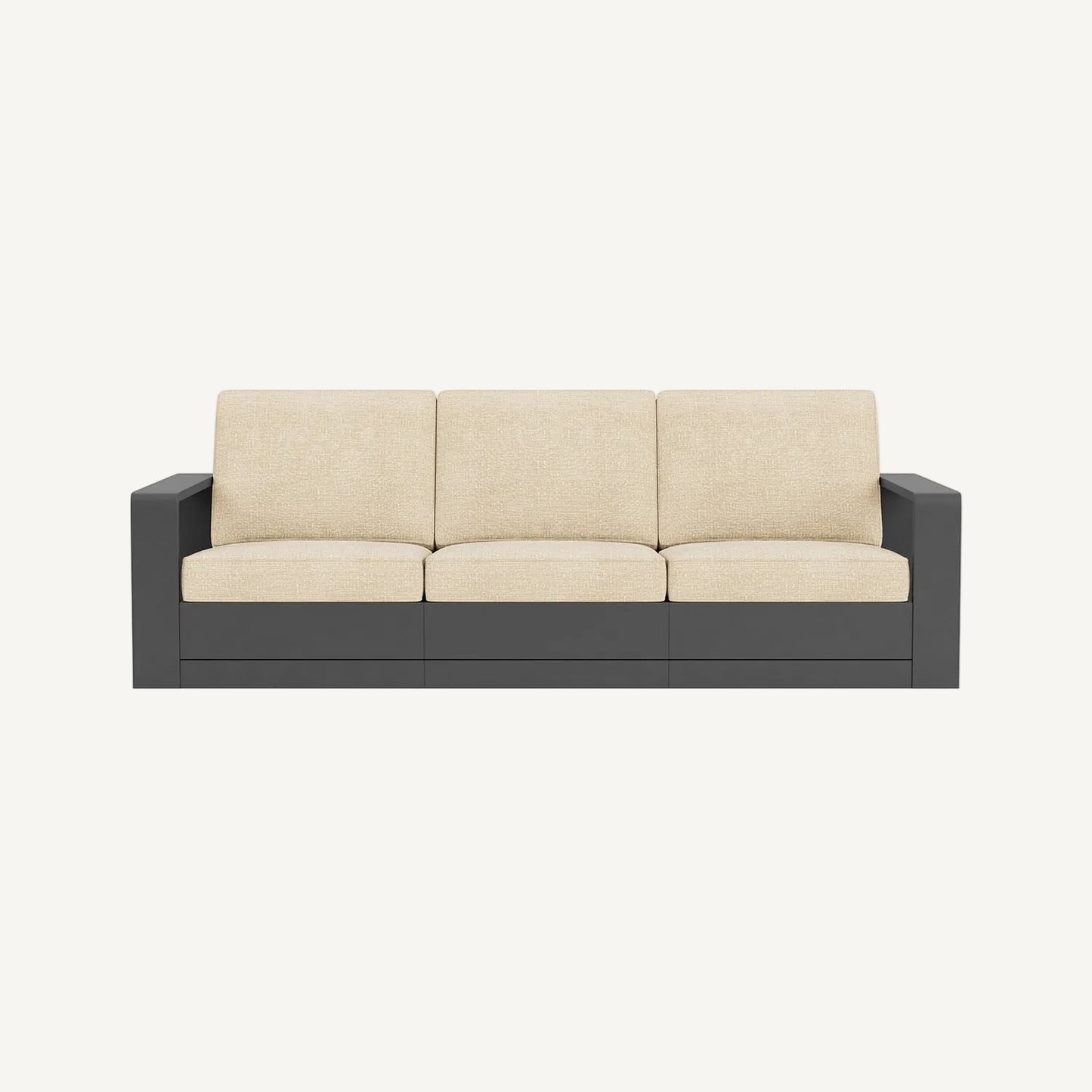 Beige sofa with black frame on a white background