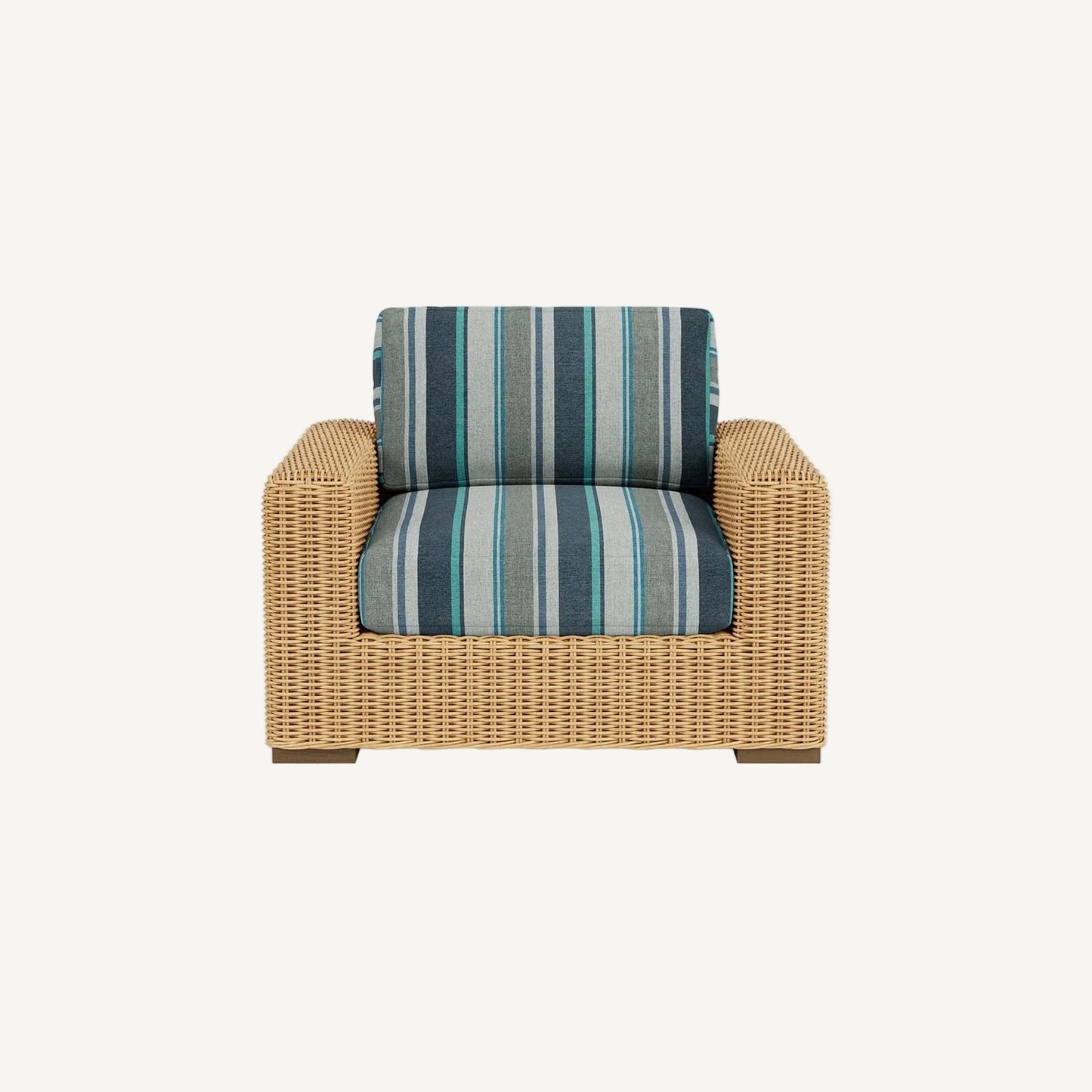 Wicker armchair with striped cushions on a white background