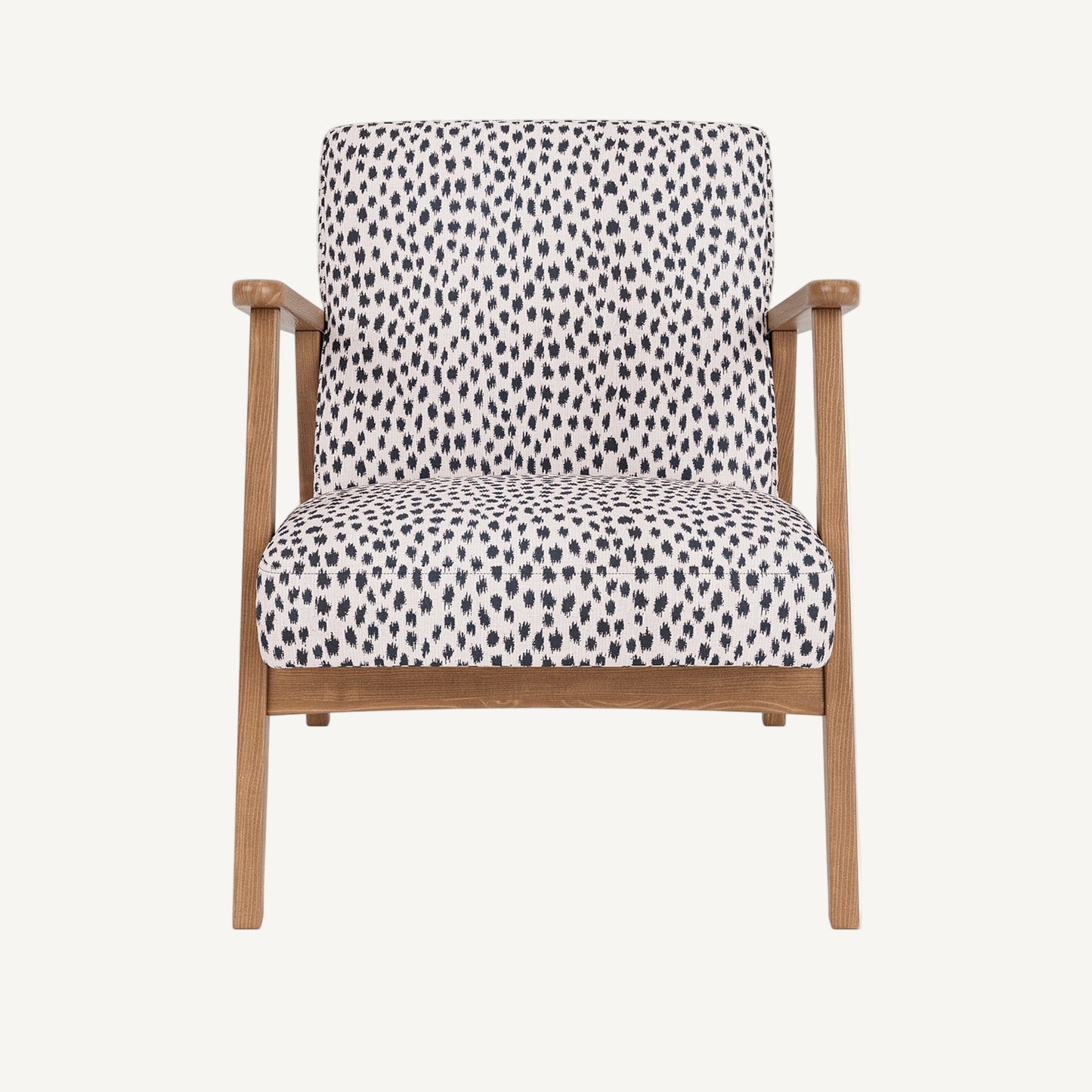 Chair with patterned cushion and wooden frame on a white background