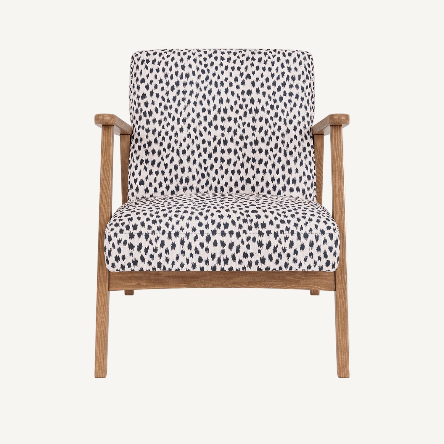 Chair with patterned cushion and wooden frame on a white background