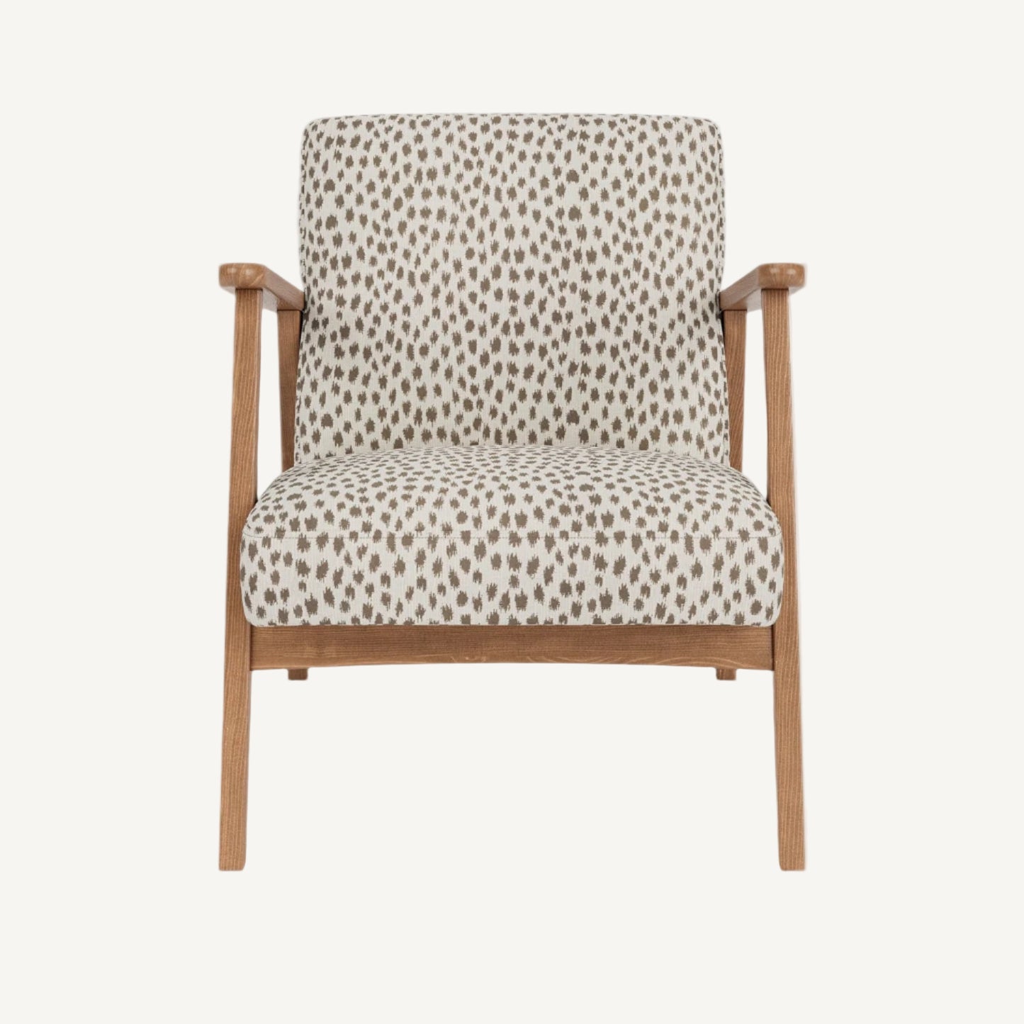 Chair with patterned cushion and wooden frame on a white background
