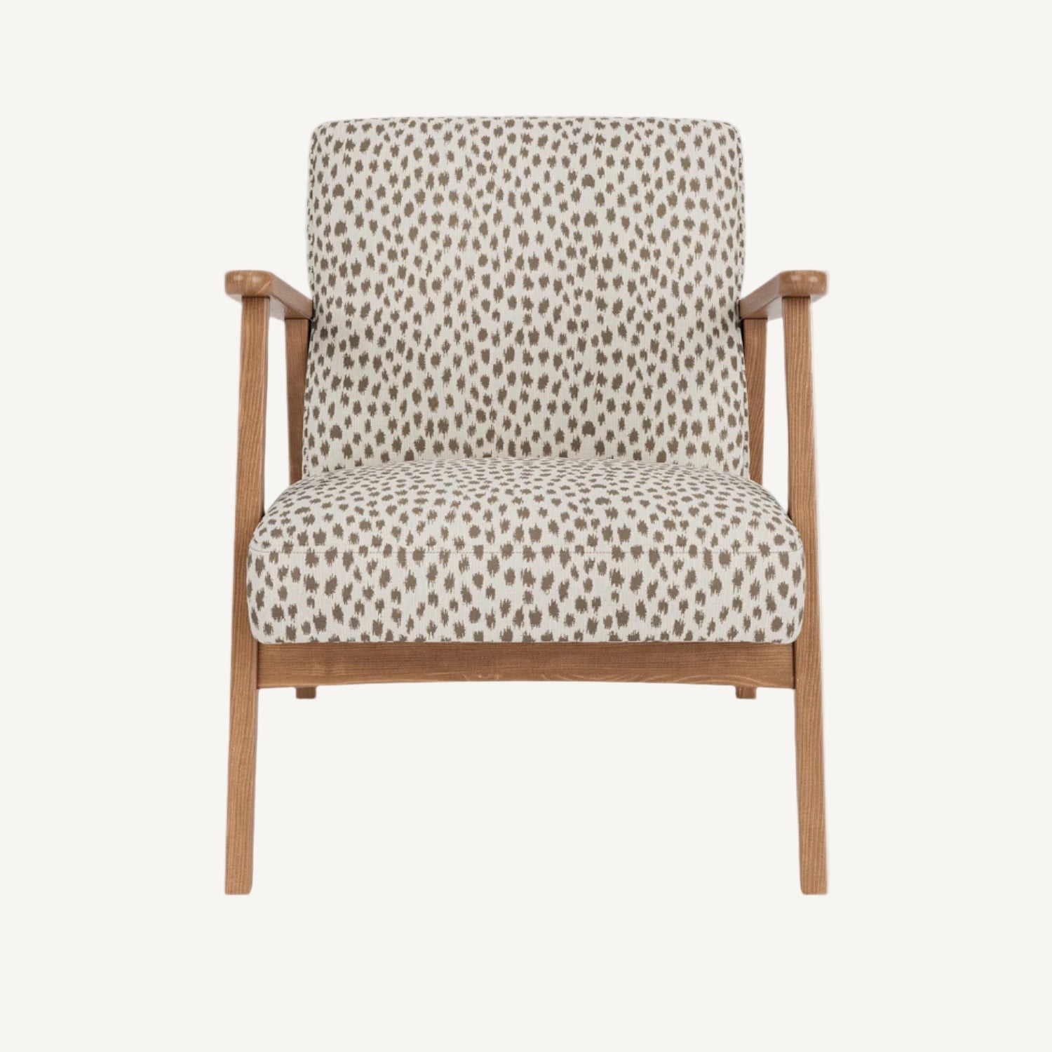 Chair with patterned cushion and wooden frame on a white background