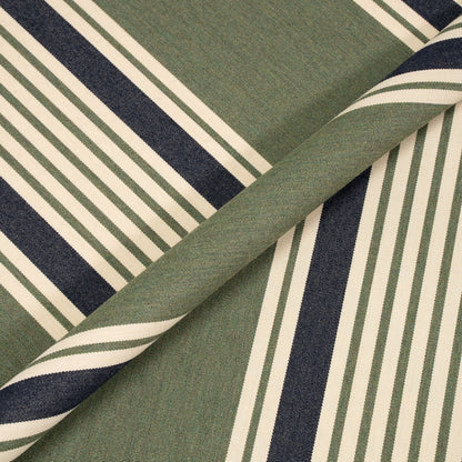 Close-up of striped fabric with green, navy, and beige pattern