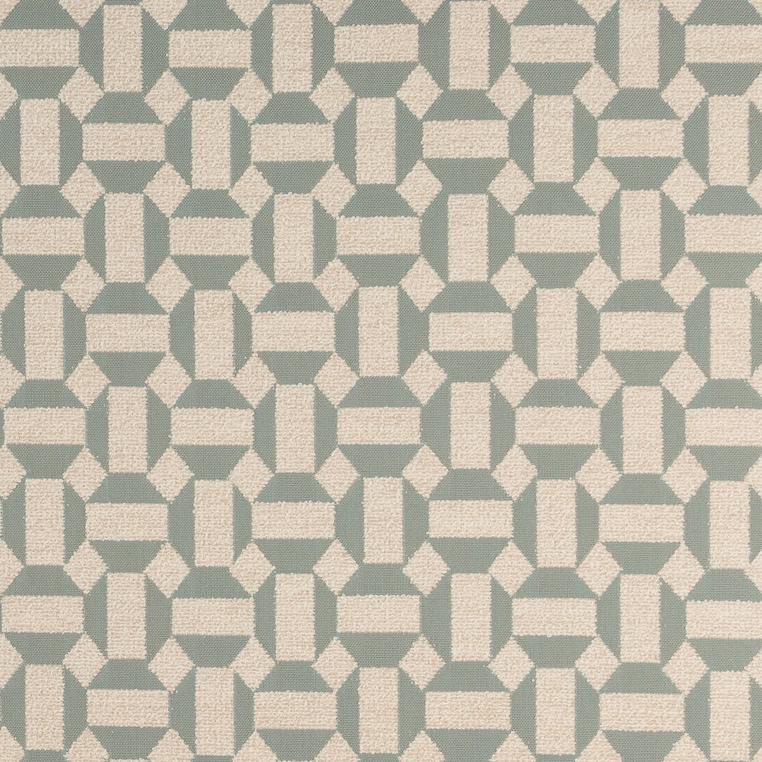 Geometric patterned fabric swatch in green and beige