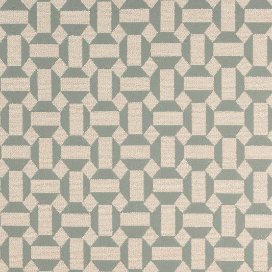 Geometric patterned fabric swatch in green and beige
