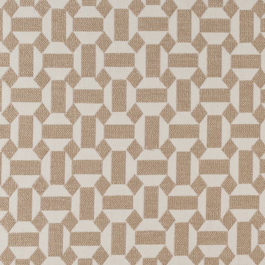A close-up image of a beige fabric with a geometric pattern.