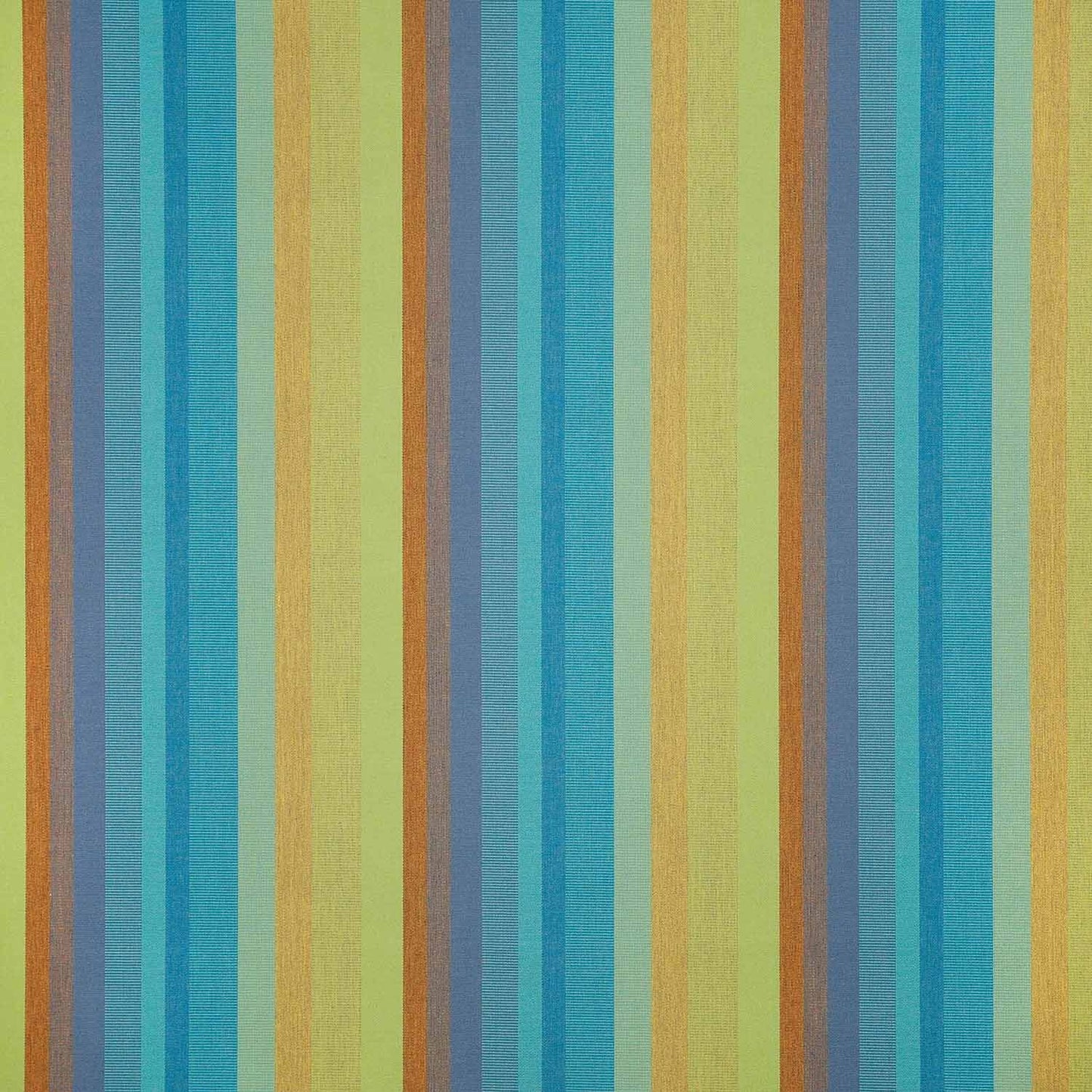 A striped pattern fabric featuring colors blue, green, yellow, and orange.