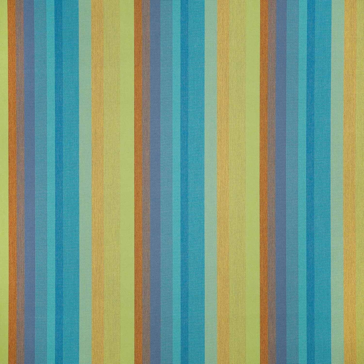 A striped pattern fabric featuring colors blue, green, yellow, and orange.