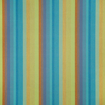A striped pattern fabric featuring colors blue, green, yellow, and orange.