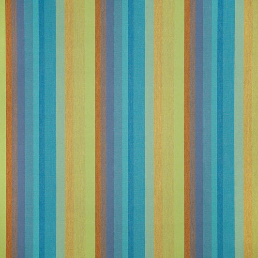 A striped pattern fabric featuring colors blue, green, yellow, and orange.
