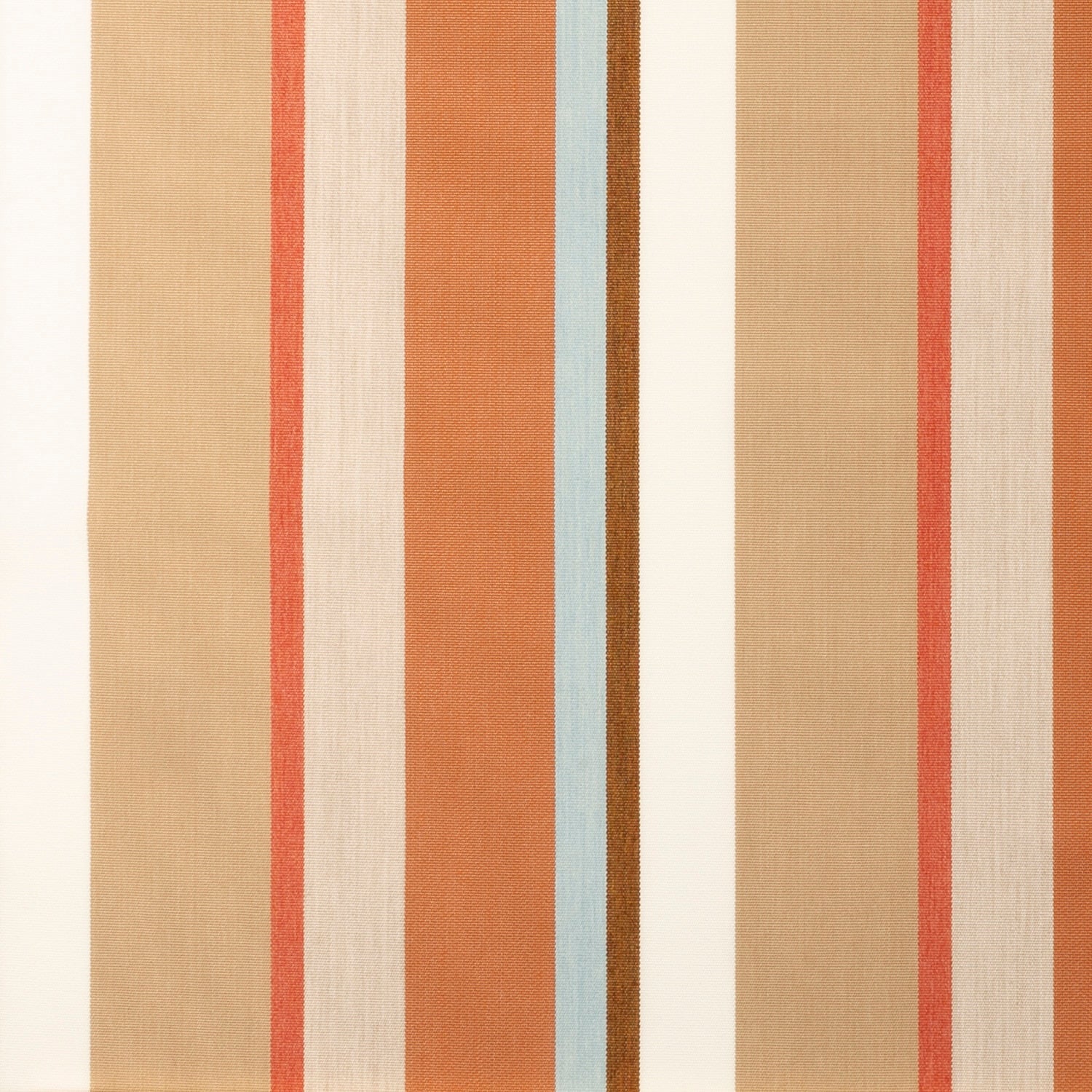 Sunbrella stripe fabric with colors orange, coral, brown, blue and white