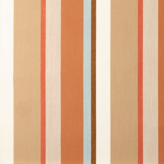 Sunbrella stripe fabric with colors orange, coral, brown, blue and white
