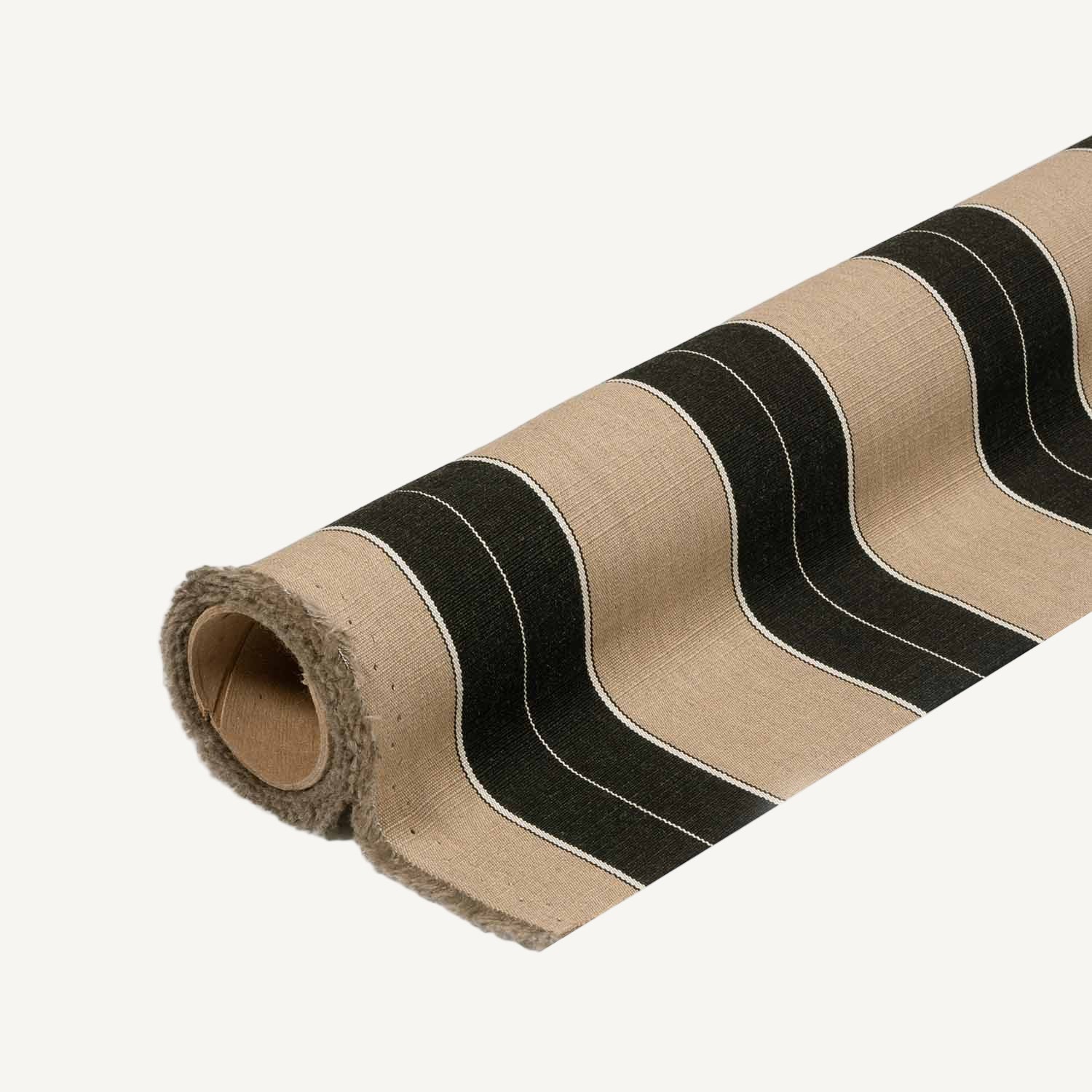 Roll of beige and black striped fabric beige and black  on a white background