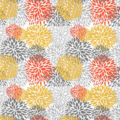 Pattern of orange, yellow, and gray floral shapes on a white background