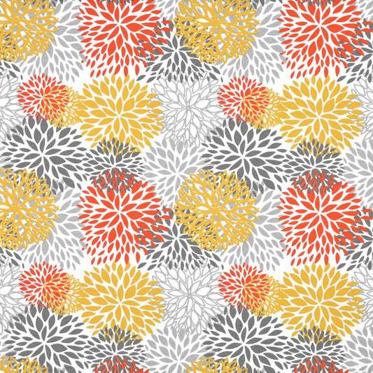 Pattern of orange, yellow, and gray floral shapes on a white background