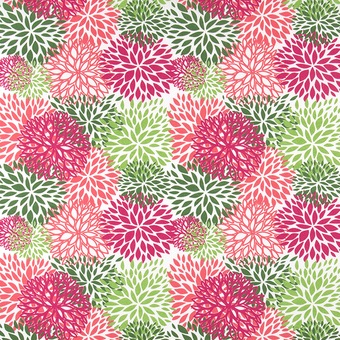 Patterned fabric with pink and green floral design on a white background
