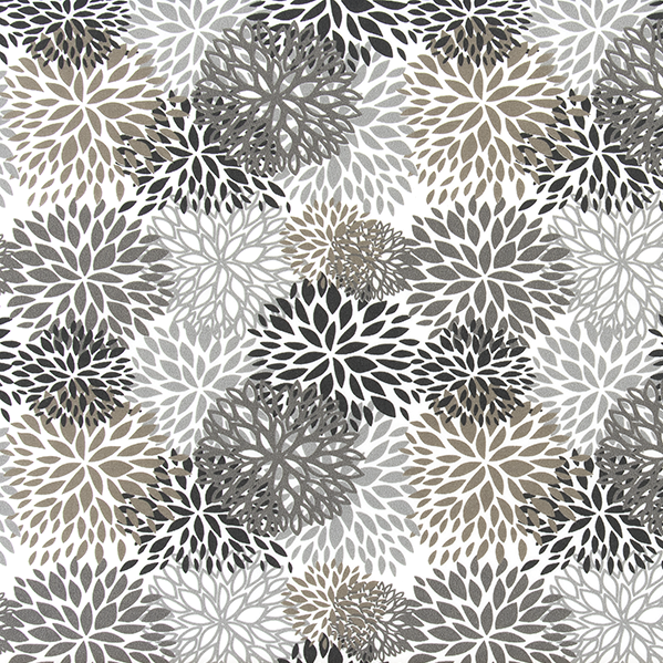 Pattern of stylized flowers in gray and white on a fabric background