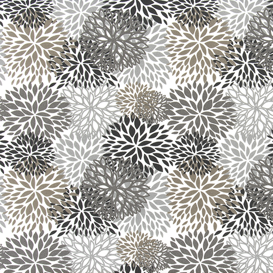 Pattern of stylized flowers in gray and white on a fabric background