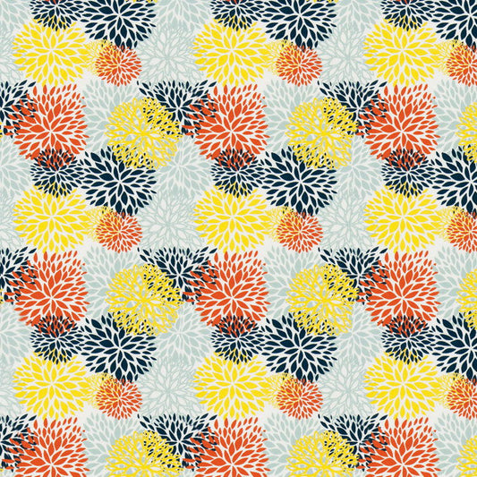 Pattern of colorful floral shapes on a light gray background