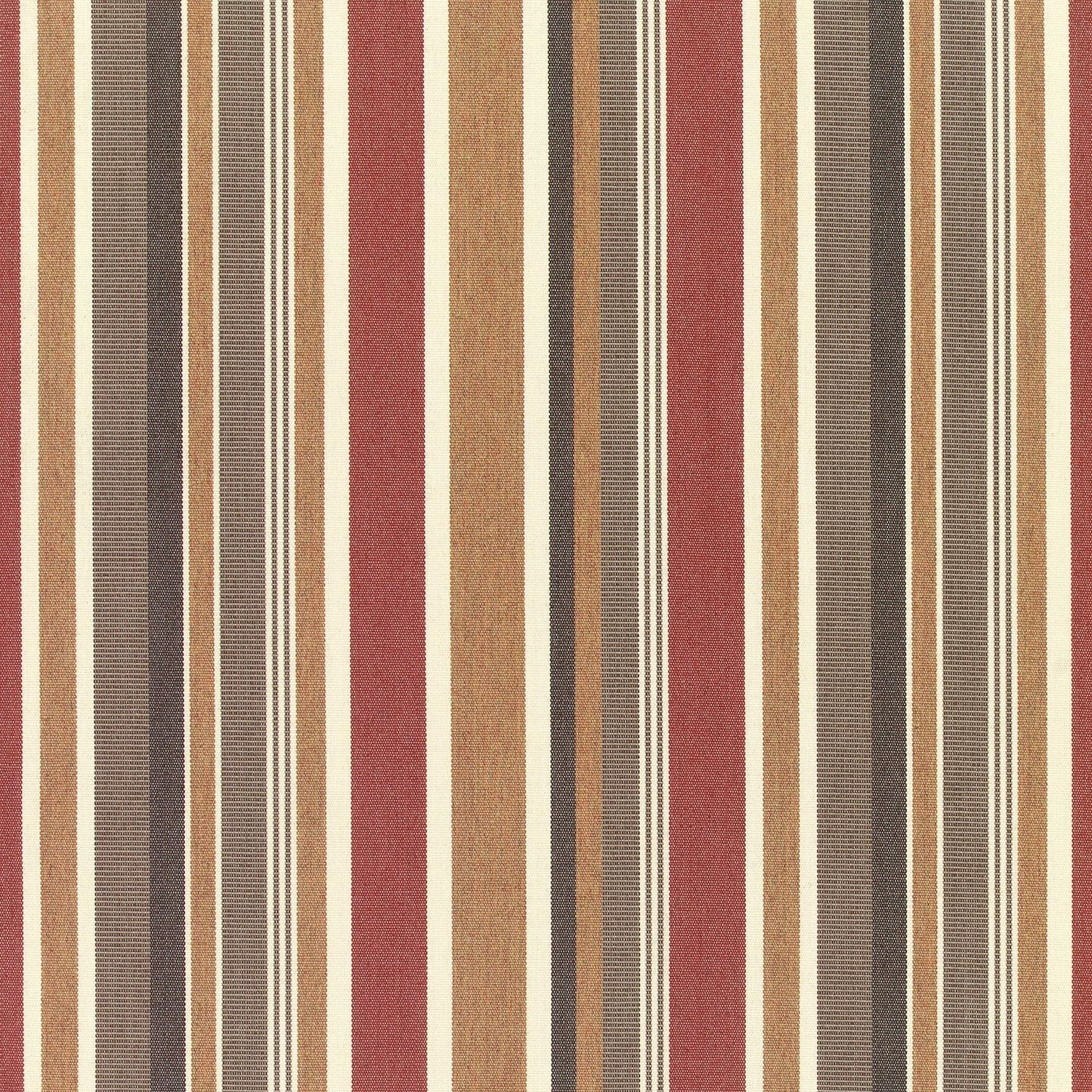 A striped pattern fabric featuring various shades of red, brown, beige, and white.