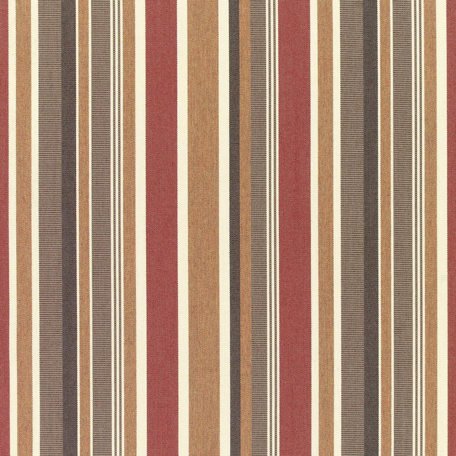 A striped pattern fabric featuring various shades of red, brown, beige, and white.