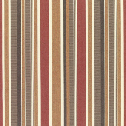 A striped pattern fabric featuring various shades of red, brown, beige, and white.