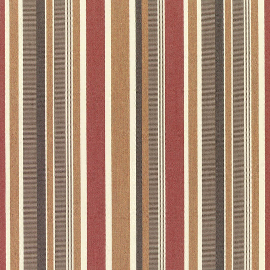 A striped pattern fabric featuring various shades of red, brown, beige, and white.