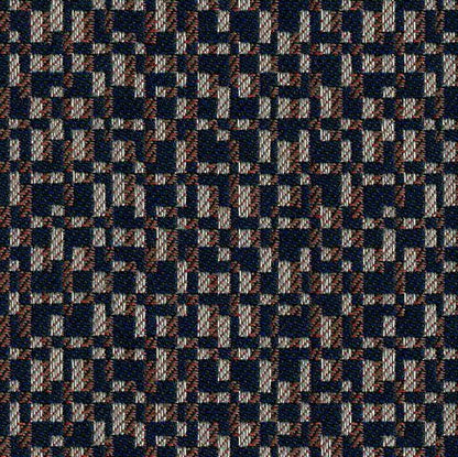 Textured fabric with a geometric pattern in navy, brown, and beige.
