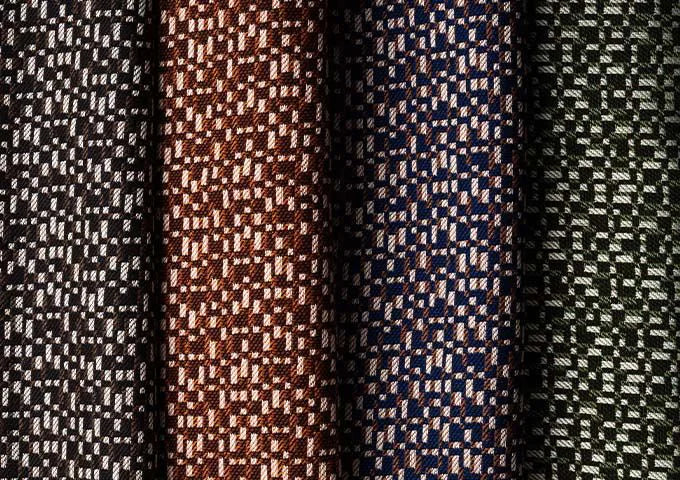 Three fabric swatches with different patterns and colors.