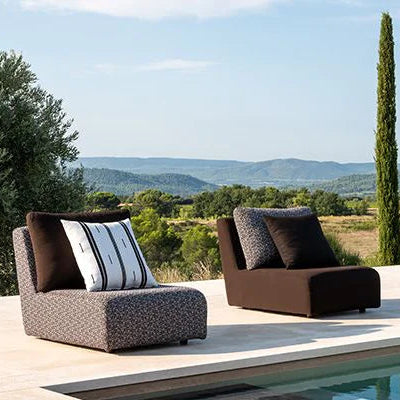 Outdoor furniture set by a pool with scenic landscape