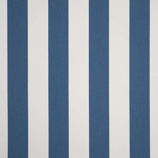 A swatch of a blue and white striped fabric suitable for window treatments.