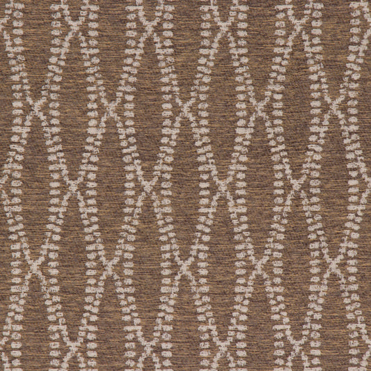 This image displays the "Camber Umber" fabric, showcasing its detailed and textured appearance. The fabric features a geometric pattern composed of intertwined diamond shapes, rendered in a neutral palette of beige and brown tones.