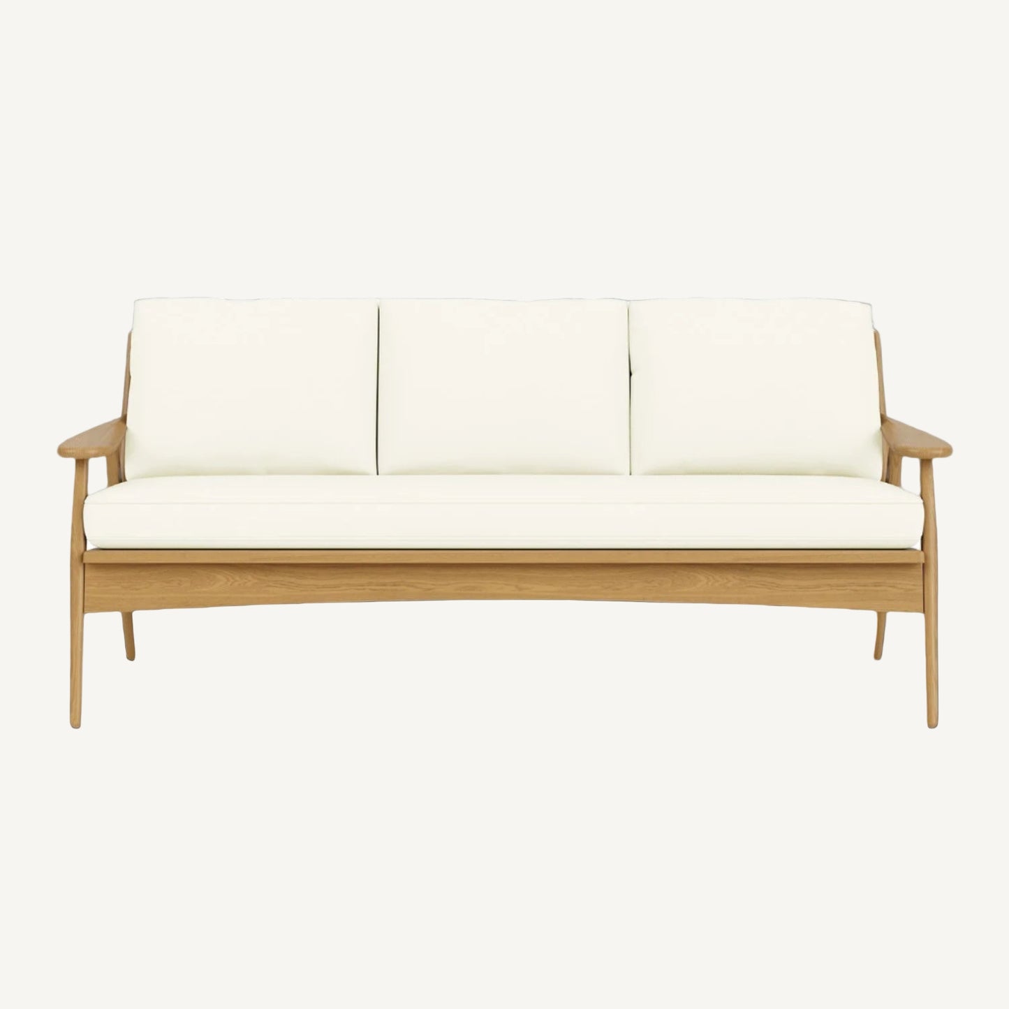Wooden sofa with white cushions on a white background