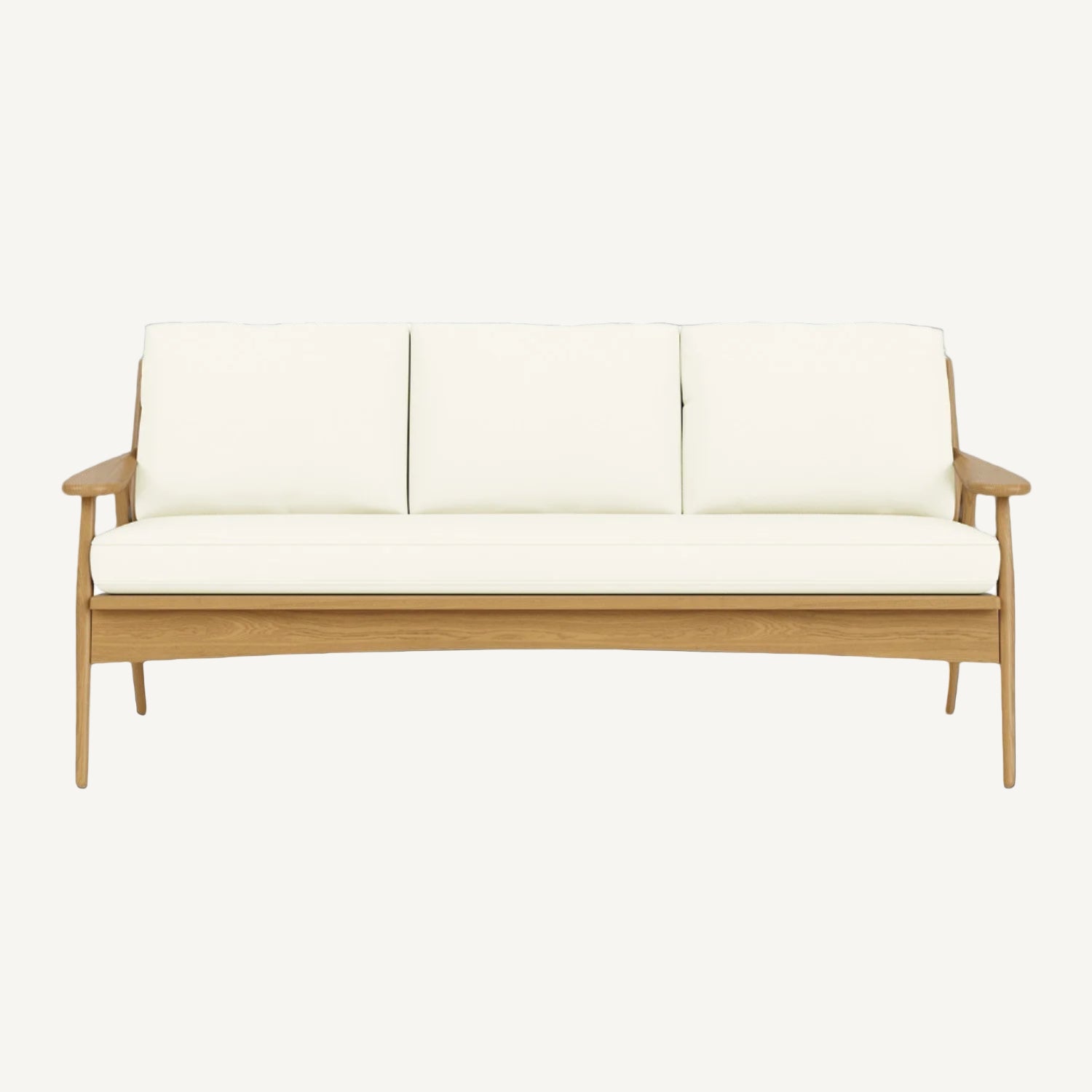 Wooden sofa with white cushions on a white background