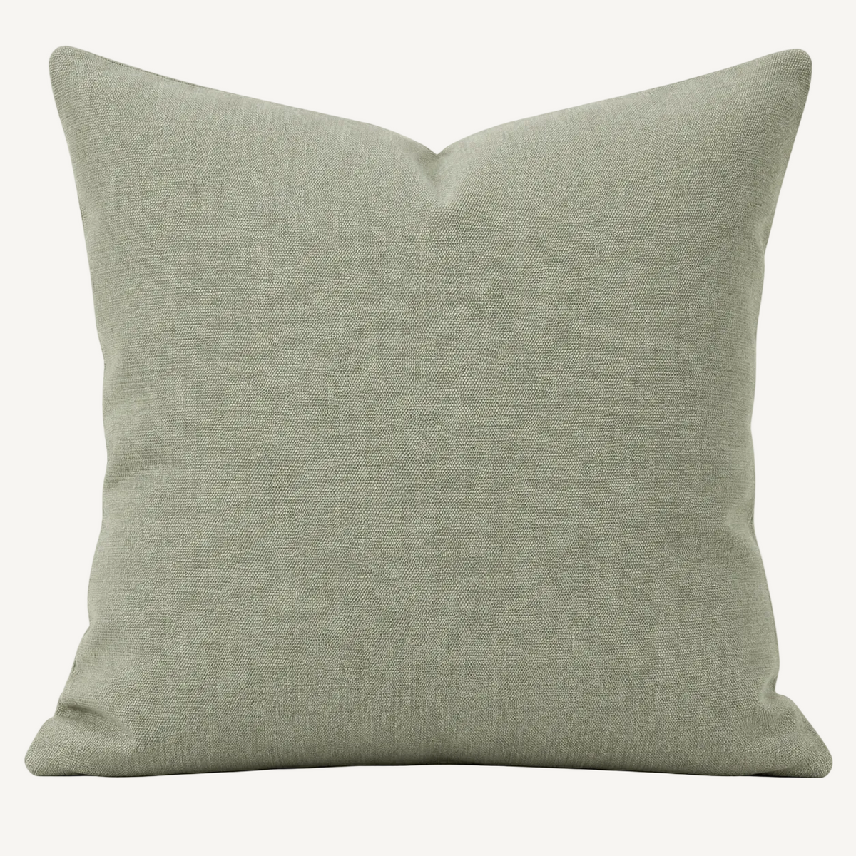 A square throw pillow in a textured sage green linen fabric, shown against a plain white background.
