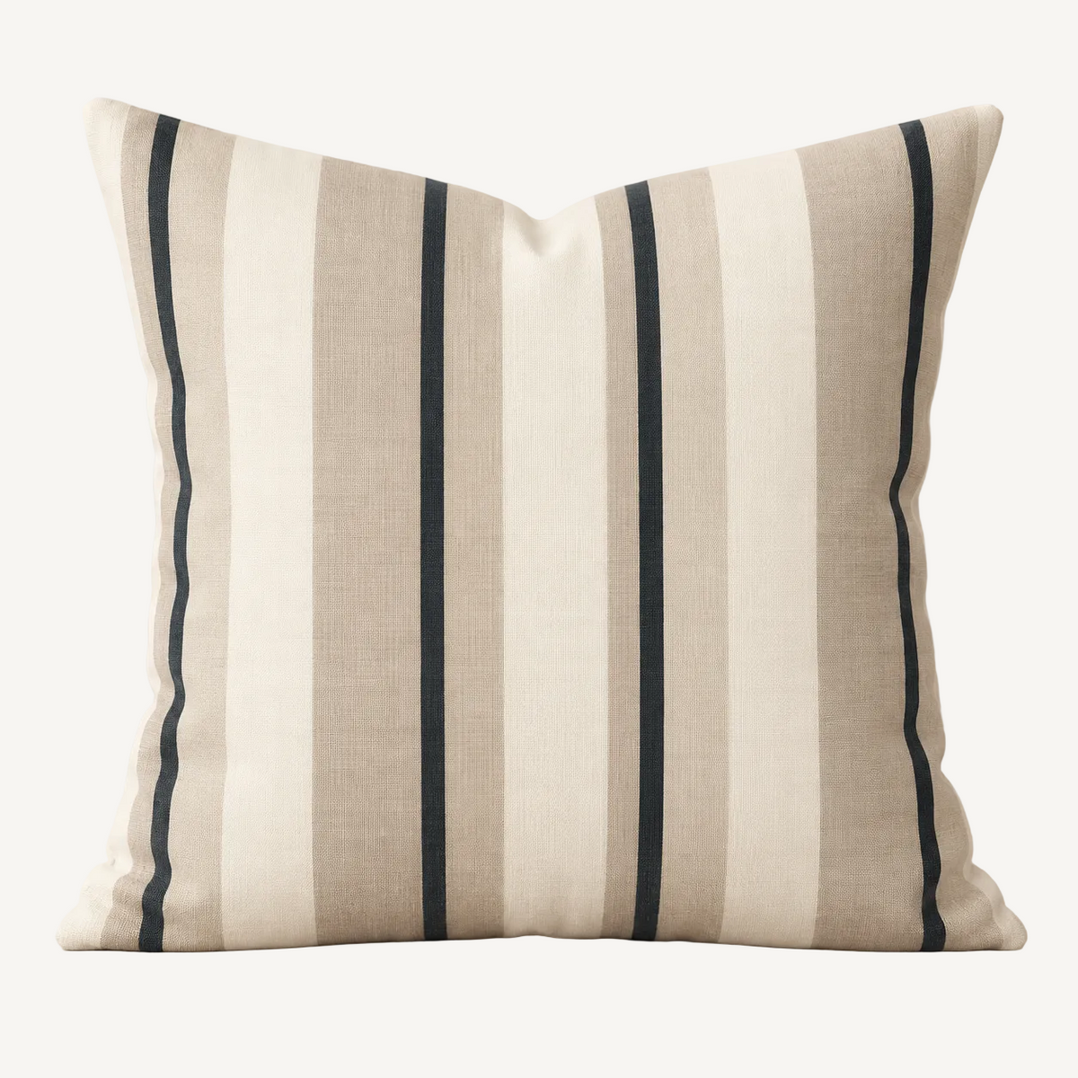 A square throw pillow with vertical stripes in beige, cream, and dark charcoal gray, shown against a plain off-white background.