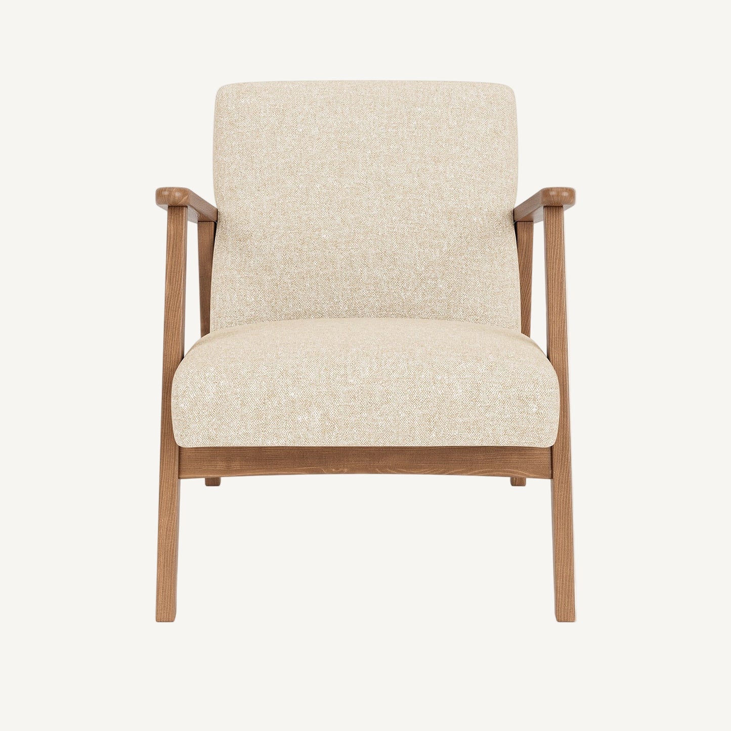 Beige armchair with wooden frame on a white background