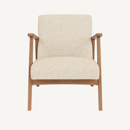 Beige armchair with wooden frame on a white background