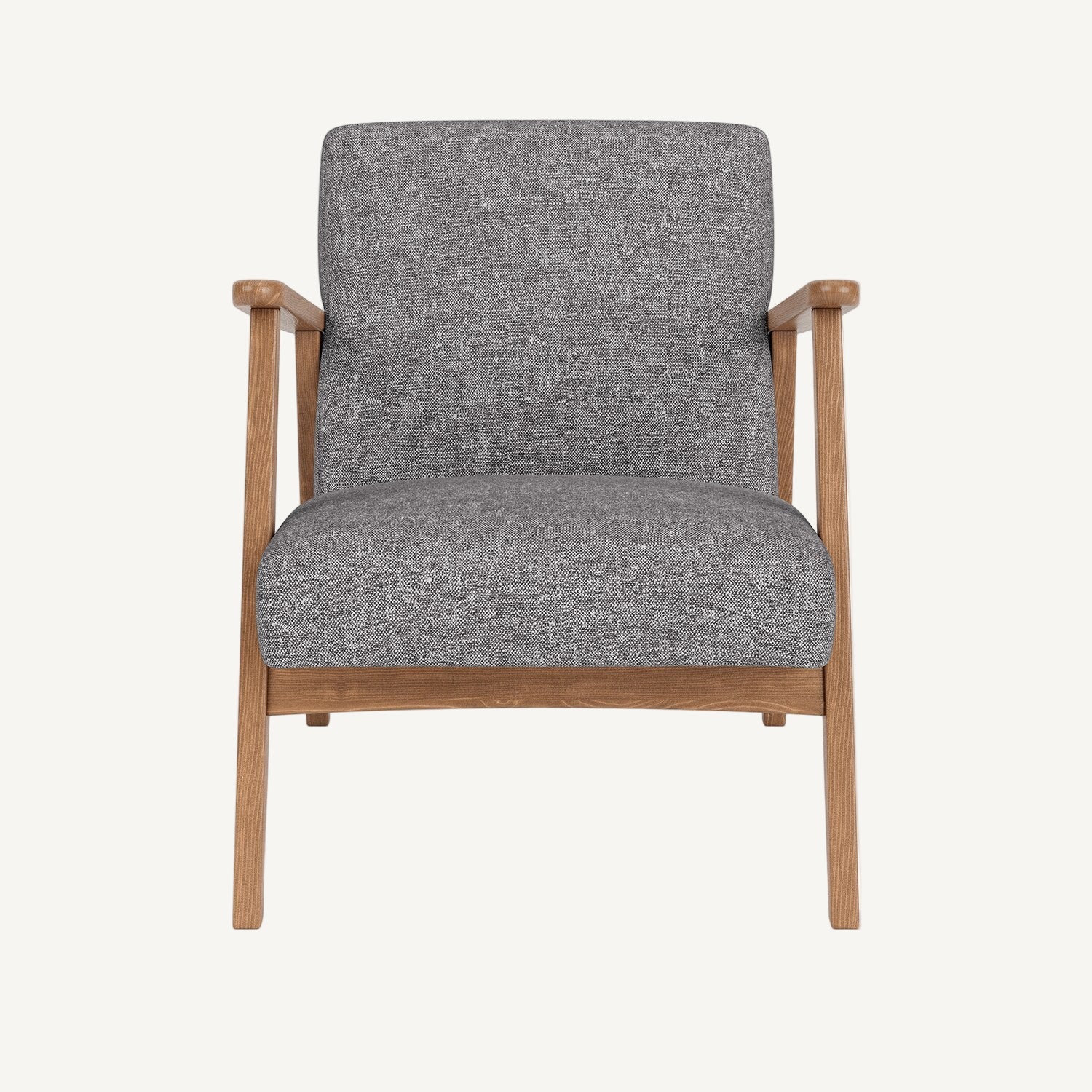 Gray upholstered chair with wooden frame on a white background