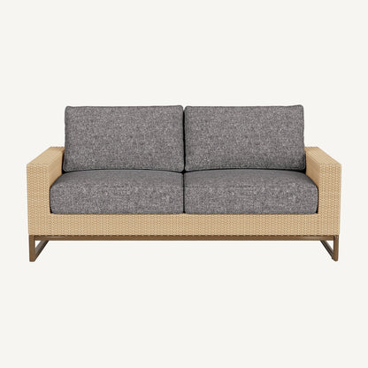 Two-seater sofa with gray cushions and beige frame on a white background
