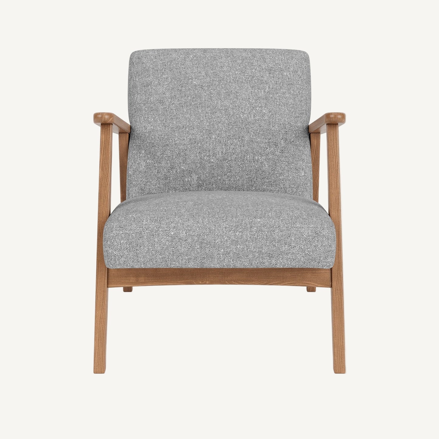Gray upholstered armchair with wooden frame on a white background